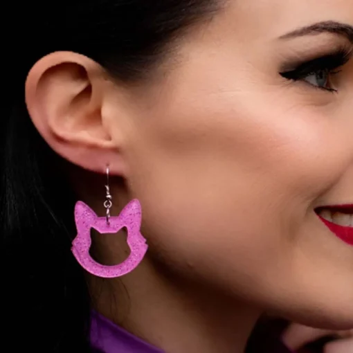 Shop Cat Head Glitter Resin Drop Earrings - Pink Essential Earrings