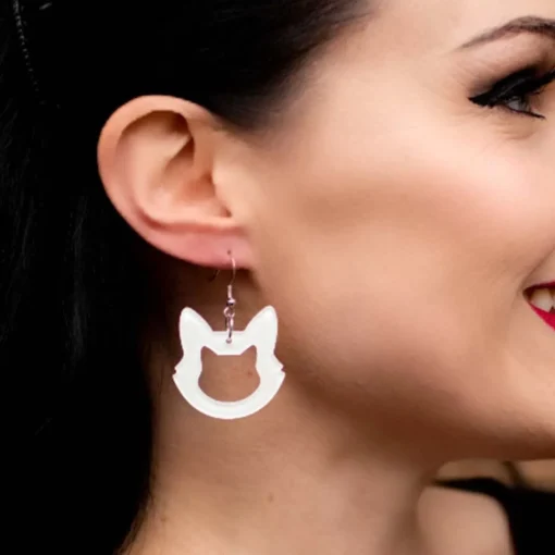 Shop Cat Head Glitter Resin Drop Earrings - White Essential Earrings