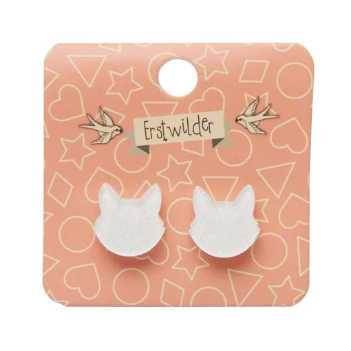 Clearance Cat Head Glitter Resin Stud Earrings - White Essential Earrings