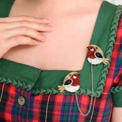 Hot Red Robbin Cardigan Clips Brooches