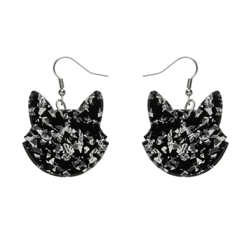 Hot Solid Cat Head Chunky Glitter Resin Drop Earrings - Silver Essential Earrings