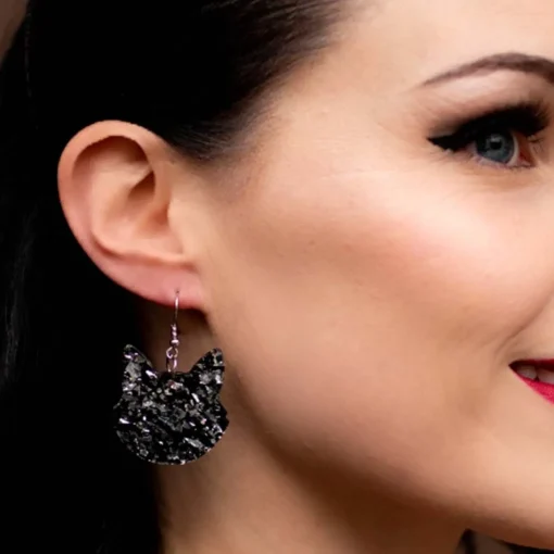 Hot Solid Cat Head Chunky Glitter Resin Drop Earrings - Silver Essential Earrings